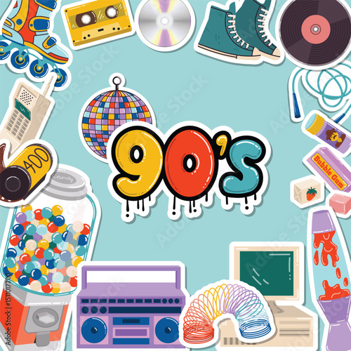 Cartoon flat style banner with 90s retro mood, framed with stickers like boombox, candy machine, CD, vinyl and disco ball. Bright and funky layout ideal for creative posters and playful projects.