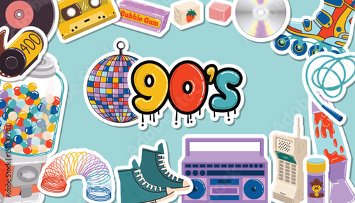 Retro 1990s style poster with bold frame decorated by cartoon stickers of boombox, vinyl, candy machine, CD, disco ball and more. Nostalgic fun vibe perfect for youth designs and party themes.