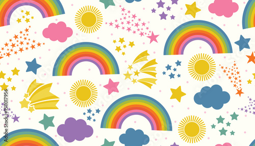 Cheerful seamless pattern with rainbows, shooting stars, clouds, and suns in flat cartoon style on white background. A lively and dreamy design perfect for kids products and fun prints.