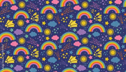 Magical seamless pattern with colorful rainbows, glowing stars, suns, and soft clouds on dark blue. Flat cartoon style adds charm to night-themed kids items and dreamy stationery.