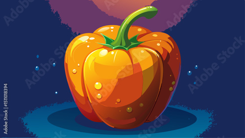 A close-up of a vibrant orange bell pepper with droplets on its surface, illuminated softly.