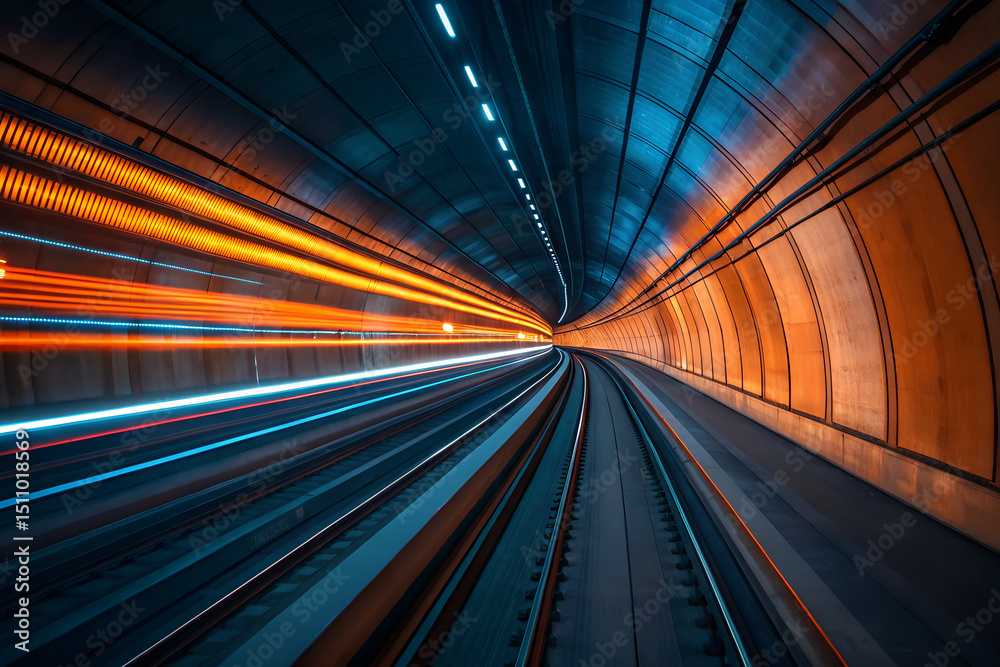 Obraz premium High-Speed Train Tunnel with Motion Light Trails