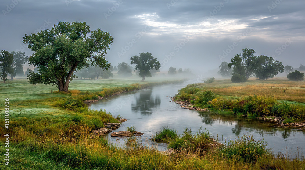 Obraz premium River in lush green field with trees on either side