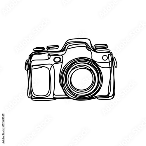 Line art camera illustration in minimalist style, black outline on white background, representing photography and creativity, concept of photography studio or graphic design