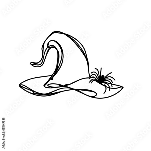 Black outline of a witch's hat with a spider on it, minimalist design on a white background, festive concept of Halloween decorations or party supplies