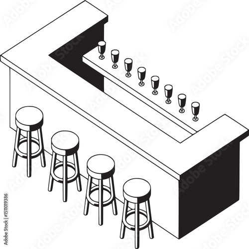 Isometric view of a bar with stools and glasses in black and white outline