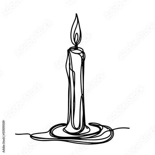 Single-line drawing of a lit candle with melted wax, set against a minimalistic white background, elegant concept of home decor or wellness products