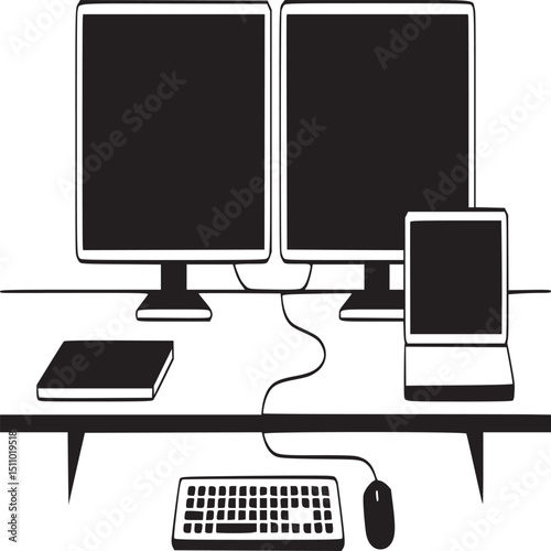 A minimalist workspace featuring two monitors, a laptop, and a keyboard setup