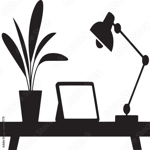Black silhouette of plant tablet and lamp on a shelf against white backdrop