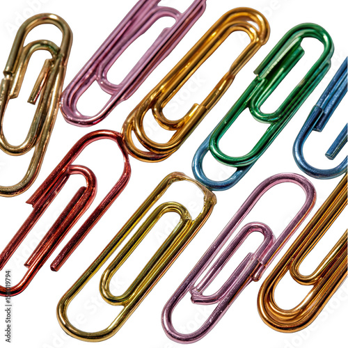 Colorful paperclips arranged in a patterned, overlapping design