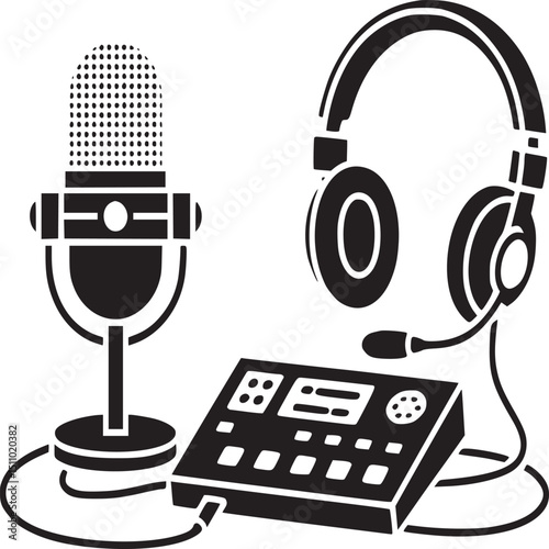 Illustration of a microphone headphones and audio mixer in black and white