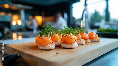 An elegant arrangement of sushi appetizers beautifully plated on a wooden board, perfect for gourmet dining experiences and showcasing culinary artistry. photo
