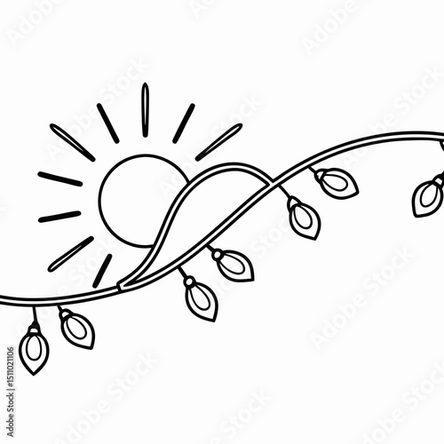 Decorative sun and lights on curved line in line art