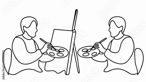 Two people painting at easels in line art style