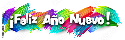 Vector illustration of the Spanish phrase for Happy New Year with vibrant rainbow brush strokes. Spanish language holiday concept.