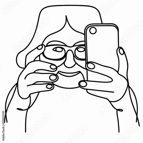 Elderly woman taking photo with smartphone in line art