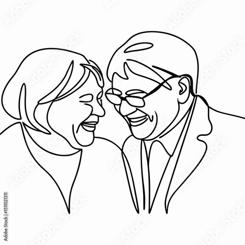 Elderly couple laughing together in minimalist line art