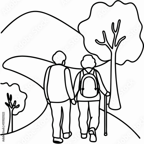 Elderly couple hiking in nature in minimalist line drawing