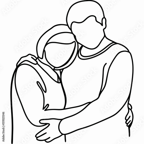 Couple embracing affectionately in minimalist line art style