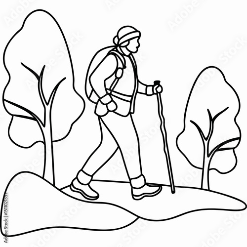 Person hiking with backpack and trekking poles in nature art line