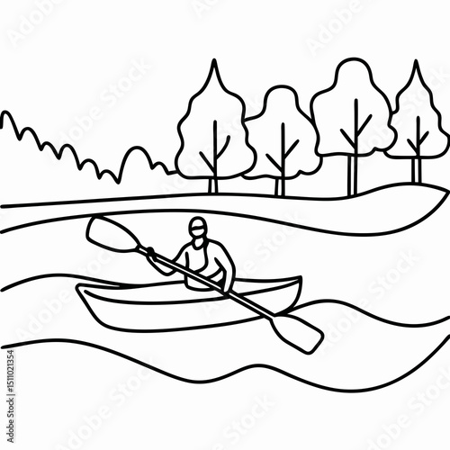 Person kayaking on river with trees in background art line
