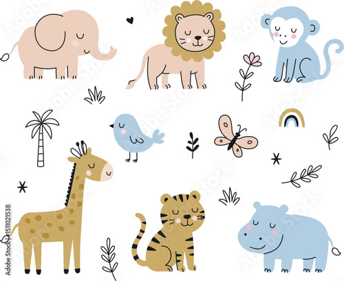 Set of wild animals with blue and golden colors