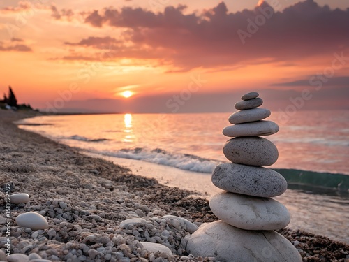 Peaceful Beach Meditation Rocks under a Vibrant Sunset Sky