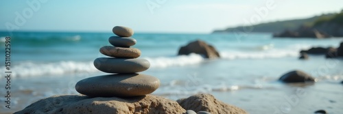 A tranquil stack of stones balanced on a beach, symbolizing peace and harmony, with gentle waves in the background under a clear blue sky.