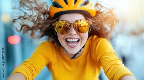 A vibrant cyclist with curly hair rides with excitement, wearing a bright yellow helmet and sunglasses, capturing the essence of adventurous urban exploration.