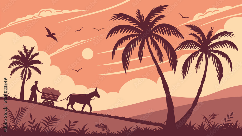 Sunset Tropical Landscape Generated AI Art Featuring Donkey and Farmer Sunset Tropical Landscape Generated AI Art Featuring Donkey and Farmer