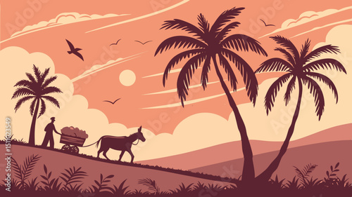 Sunset Tropical Landscape Generated AI Art Featuring Donkey and Farmer