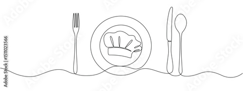 Fork, knife, spoon with plate and chef's cap in one solid line. Single line editable cutlery template for business cards, banners. Symbol of cafe, restaurant. Vector illustration