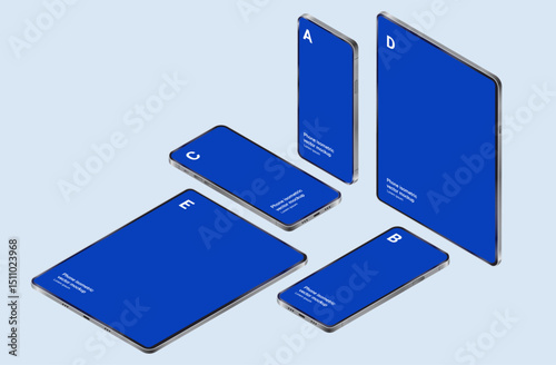 Isometric vector mockup collection featuring modern smartphones and tablets in various angles, perfect for UI and UX design showcases and app presentations