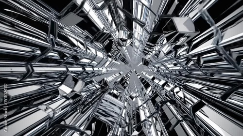 Metallic chrome tunnel with mirrored panels and rotating geometric shapes flying inward, abstract high-end design, stylish motion effect, smooth flight, futuristic concept