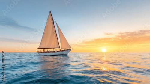 A beautiful sailboat gracefully sails across calm waters under a stunning sunset, capturing the magical moment and the essence of tranquility and adventure at sea. photo