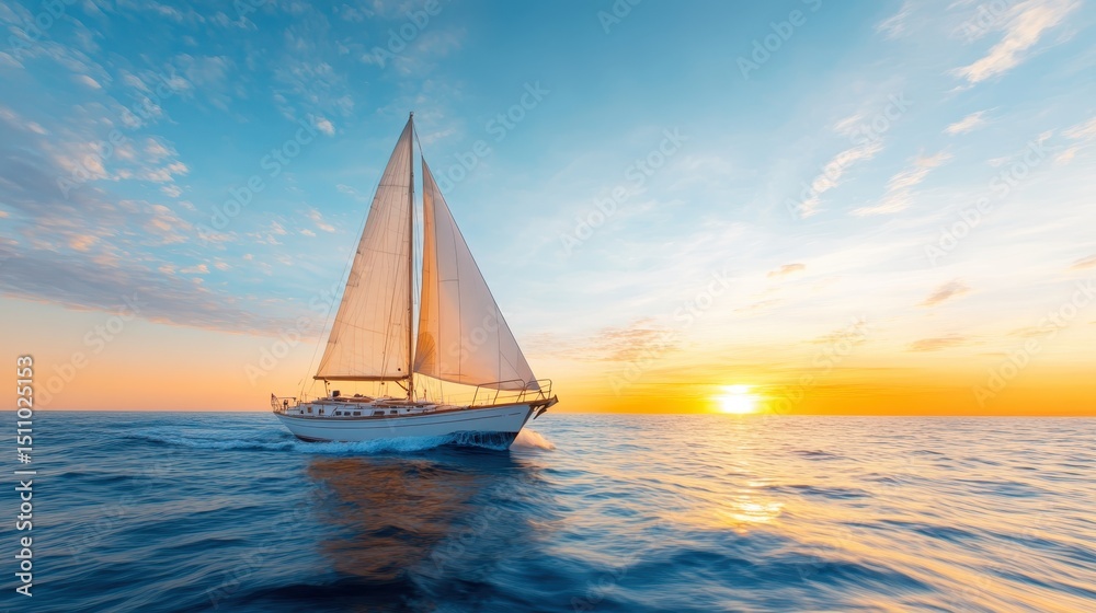 Fototapeta premium An elegant sailboat sails gracefully over calm waters during sunset, reflecting a picturesque scene of adventure, freedom, and tranquility in the open sea.