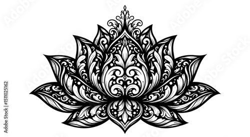 Intricate black and white lotus flower design with ornate details  