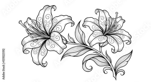 Detailed illustration of lilies with swirling patterns and leaves  