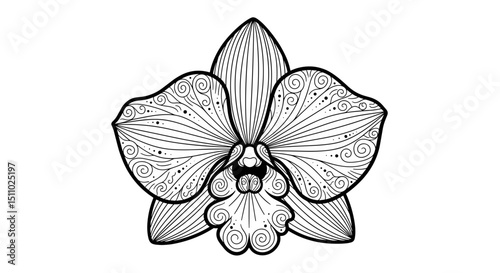 Black and white illustrated orchid flower with intricate patterns  