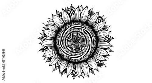 Black and white sunflower illustration with swirling center design