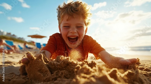 A happy boy delights in playful moments on the beach, burying himself in warm sand under a radiant sun, embodying the carefree essence of childhood and summer adventures.
