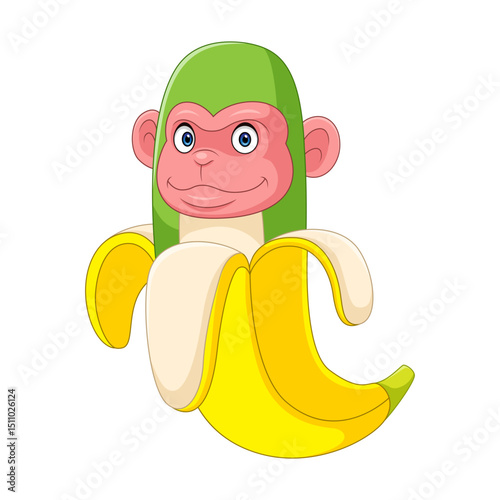 Cartoon yellow banana with green gorilla head