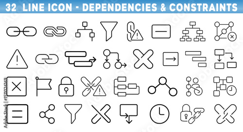 Collection of line icons depicting dependencies and constraints for project management and system design.Editable stroke.
