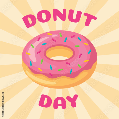 Colorful cartoon illustration of a pink glazed donut with sprinkles and bold text "Donut Day" on a bright background. Flat vector.