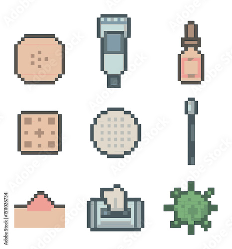 Acne Treatment Icons. Pixel art icon set of acne treatment and prevention: blemish spot, salicylic acid tube, spot treatment