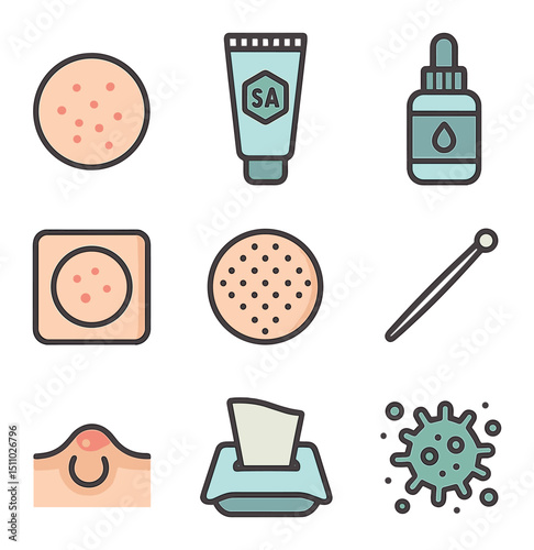 Acne Treatment Icons. Flat icon set of acne treatment and prevention: blemish spot, salicylic acid tube, spot treatment bottle,