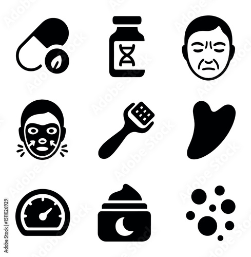 Anti-Aging Treatment Icons. Solid, Filled icon set of anti-aging treatments: retinol capsule, collagen peptide vial, wrinkle line,