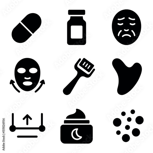 Anti-Aging Treatment Icons. Solid, Filled icon set of anti-aging treatments: retinol capsule, collagen peptide vial, wrinkle line,