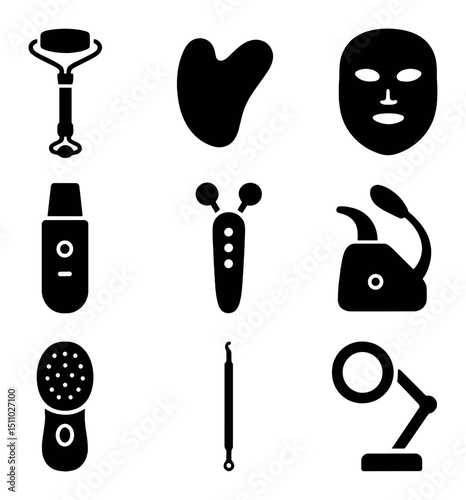 Beauty Tool Icons. Solid, Filled icon set of tools and devices: facial roller, gua sha stone, ultrasonic spatula, LED mask,