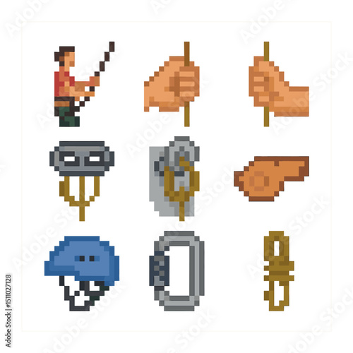 Belaying Techniques Icons. Pixel art icon set of belaying techniques: belayer stance, brake hand, guide hand, belay device, anchor